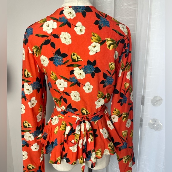 ASOS Red Floral Wrap Long Sleeve V-neck Viscose Blouse Top Size 4 - Picture 7 of 11